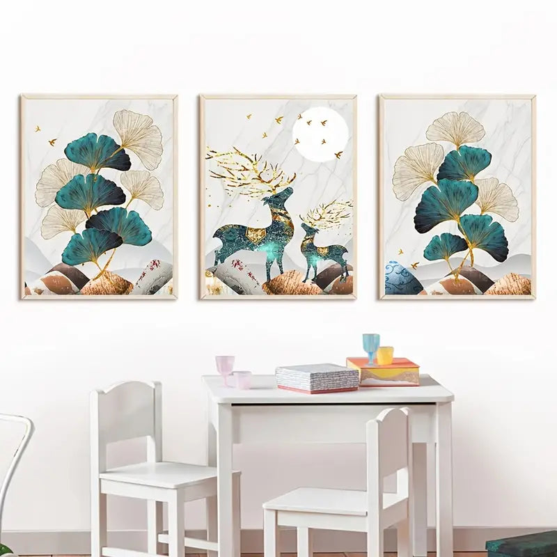 Golden Elk Leaf Canvas Wall Art, 3pcs