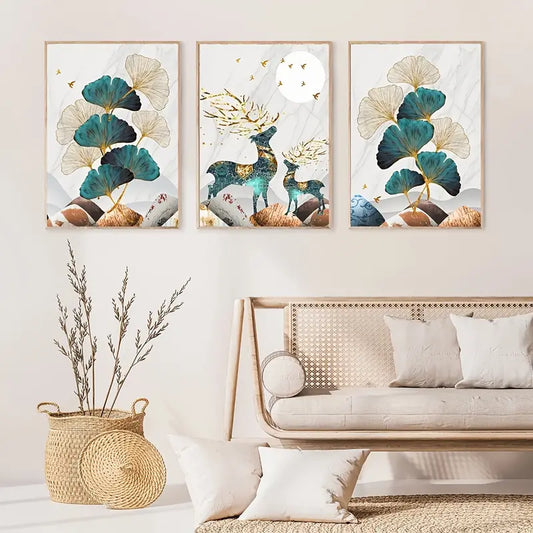 Golden Elk Leaf Canvas Wall Art, 3pcs