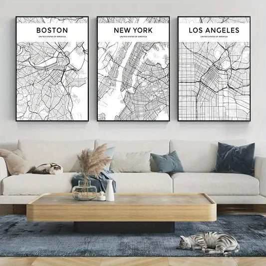 Boston, Los Angeles, and New York City Map Art